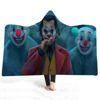 

Custom Horror Clown Hooded Throw Wrap Cape Cloak Super Hero Print Teens Wearable Sherpa Fleece Blanket for Bed Couch Travel