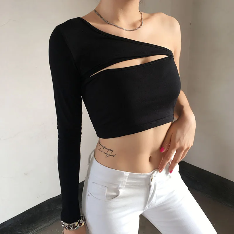 BOOFEENAA/Сексуальная черная рубашка с длинными рукавами и вырезами на одно плечо, Женские топы для ночного клуба, осень, женские футболки, C77-G51