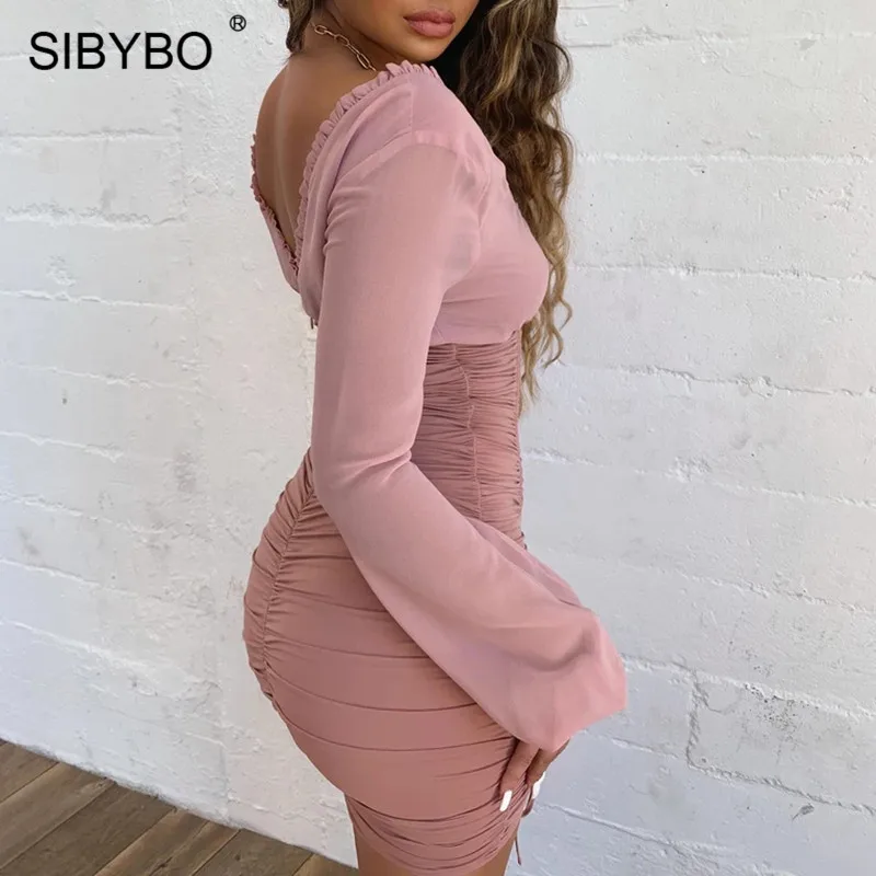 SIBYBO Сетчатое лоскутное Плиссированное осеннее платье для женщин с глубоким v-образным вырезом и длинным рукавом мини сексуальное облегающее платье с открытой спиной Вечерние Короткие платья