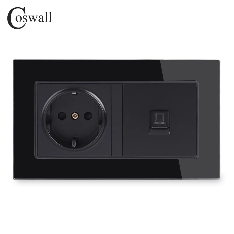COSWALL 16A Россия Испания ЕС стандартный разъем с заземлением+ 1 банда RJ45 CAT5E интернет компьютер данных разъем закаленное стекло панель - Тип: black