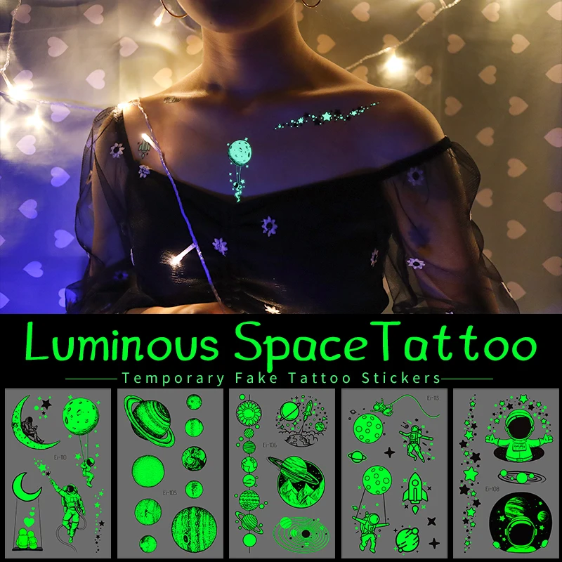 

Luminous Planet Temporary Tattoo Stickers Space Astronaut Sun Moon series Glow On Face Arm Leg Body Art Fake Tatto for Kid