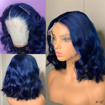 

Blue Wig Human Hair 13*4 Lace Front Human Hair Wig For Women Pre Plucked Hairline Brazilian Remy Short BOB Lace Front Wig 180%