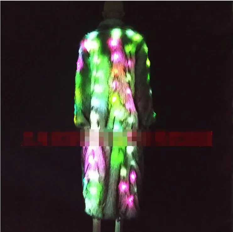 Длинный светодиодный сценический пальто с искусственным мехом светодиодный световой одежда Show для танцор одежда для ночных клубов куртка с капюшоном, одежда на Хэллоуин