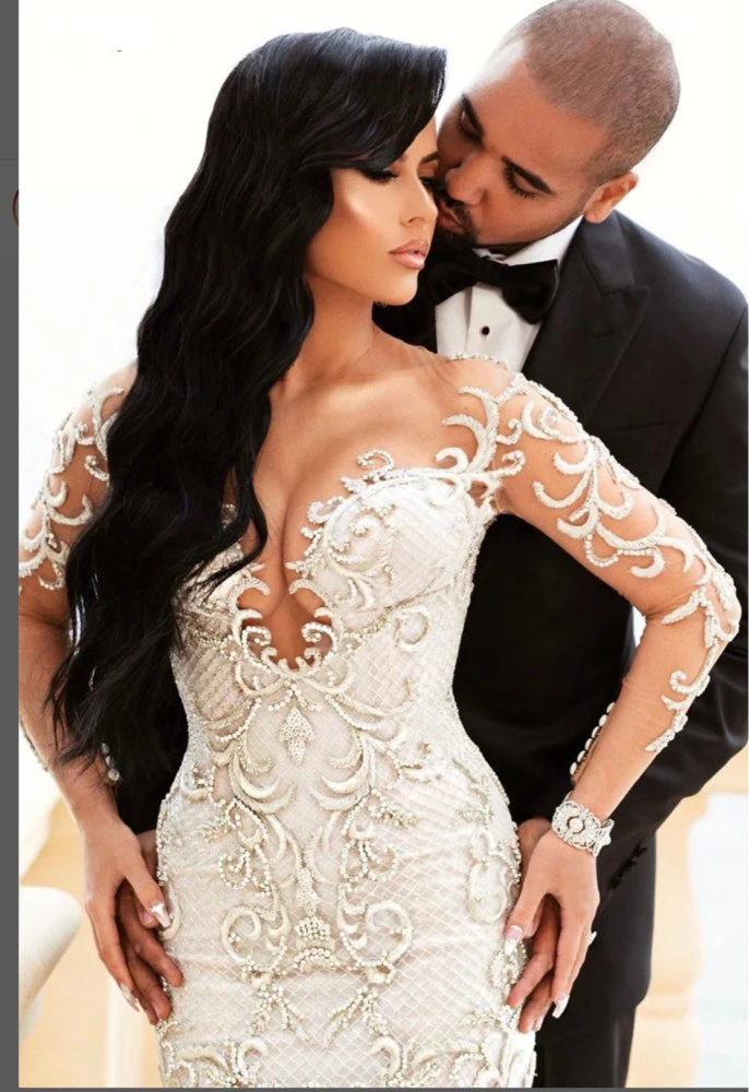 Vestido de noiva/ кружевное свадебное платье с юбкой-годе с длинными рукавами, украшенное бусинами, с иллюзией на шее, со шлейфом, Пляжное богемное платье невесты на заказ