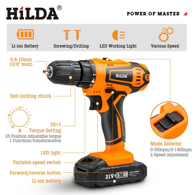 HILDA Electric Drill 12V 16V 20V Cordless Drill Electric Screwdriver Mini Wireless Power Driver DC Lithium-Ion Battery