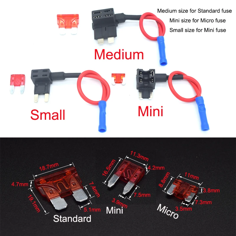12V Car Fuse Holder MINI SMALL MEDIUM Size Add-a-circuit TAP Adapter with 10A Micro Mini Standard ATM Blade Fuse