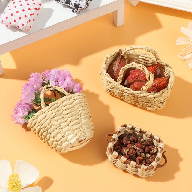 1/12 Scale Dollhouse Furniture Storage Basket Vegetable Food Hand-woven Iron Frame Dollhouse Miniature Decoration Kids Gift 3