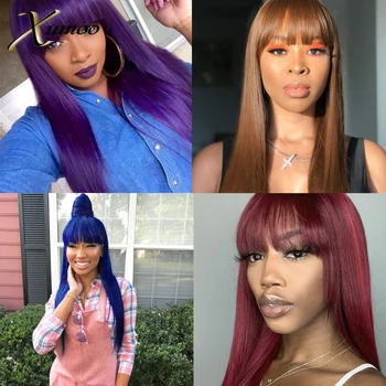 

XUMOO Straight Human Hair Wigs Purple Wine Red Brwon Blue Remy Hair Colored Human Hair Wigs With Bangs None Lace Wigs For Women