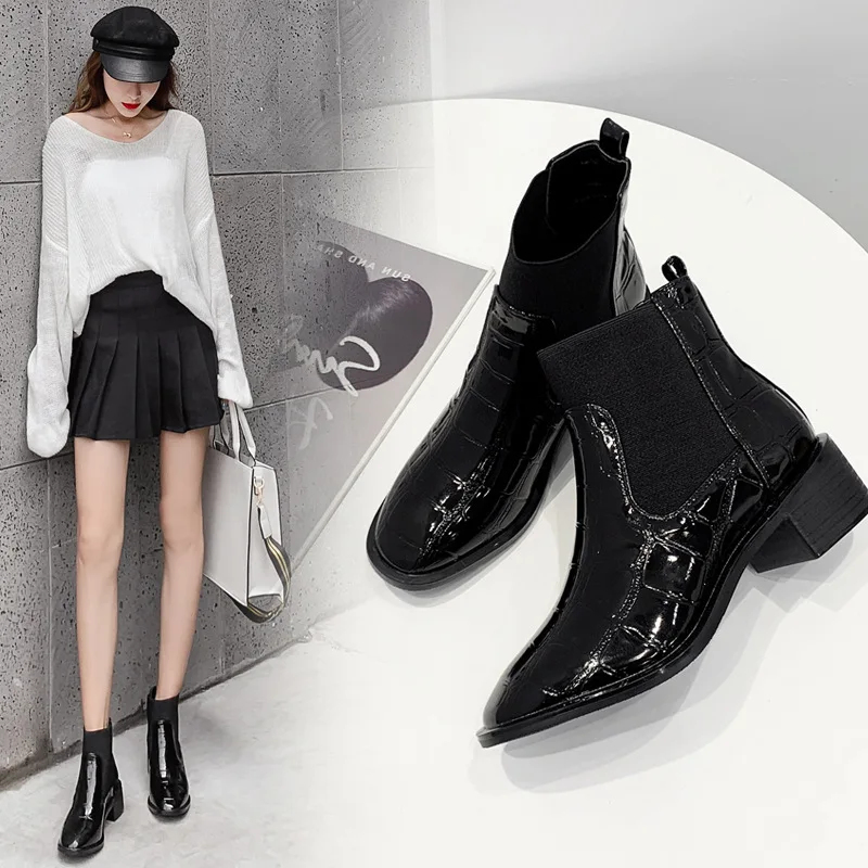 

Chunky Heel Lace Up Pointy Boot Lady Boots Women's Shoes Autumn Bootee Woman 2019 Pointe Ladies Rubber Ankle Med Rock Pointed