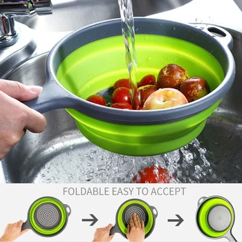 

Silicone Drain Basket Kitchen Accessories Round Colander Foldable Storage Box Fruit Washing Filter with Handle Portable Travel