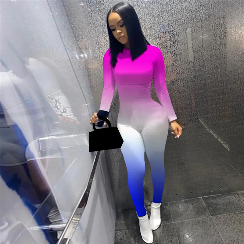 

Women Gradient Printed Jumpsuit Long Sleeve Sport Bodycon Bandage Skinny Overalls Streetwear Autumn Winter Romper Outfits