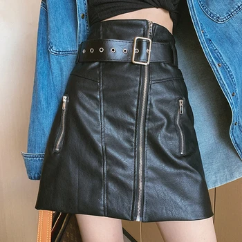 Women Pu Leather Skirt Solid Black Vertical Front Zipper High Waist with Waist Belt Mini Skirts Sexy Chic High Street Fashion