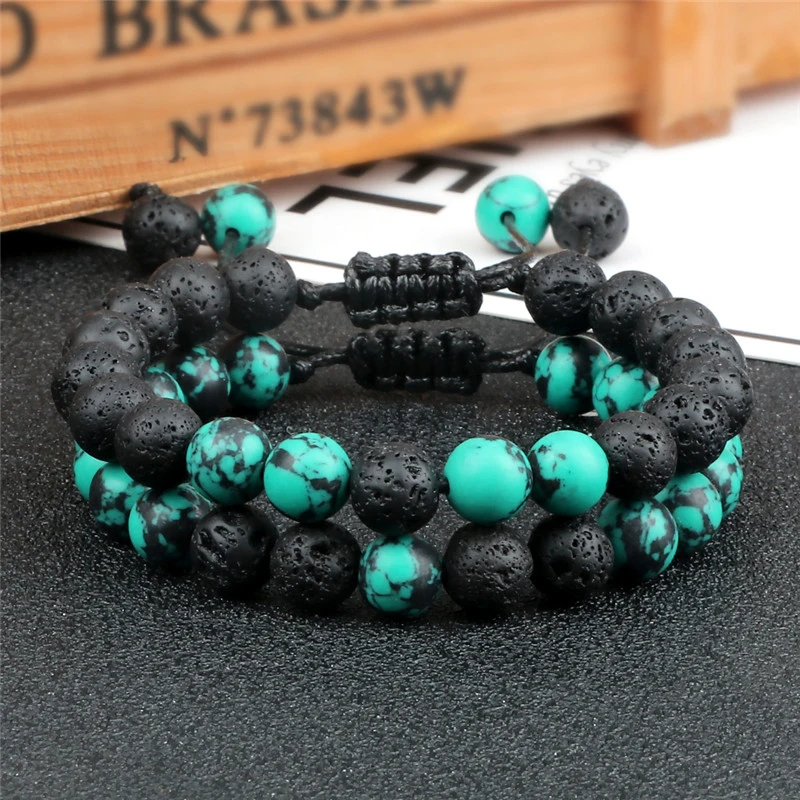 Stone Bead Bracelet 8mm Men Black Lava Beads Tiger Eye Adjustable Braided Rope Couple Women Yoga Healing Jewelry