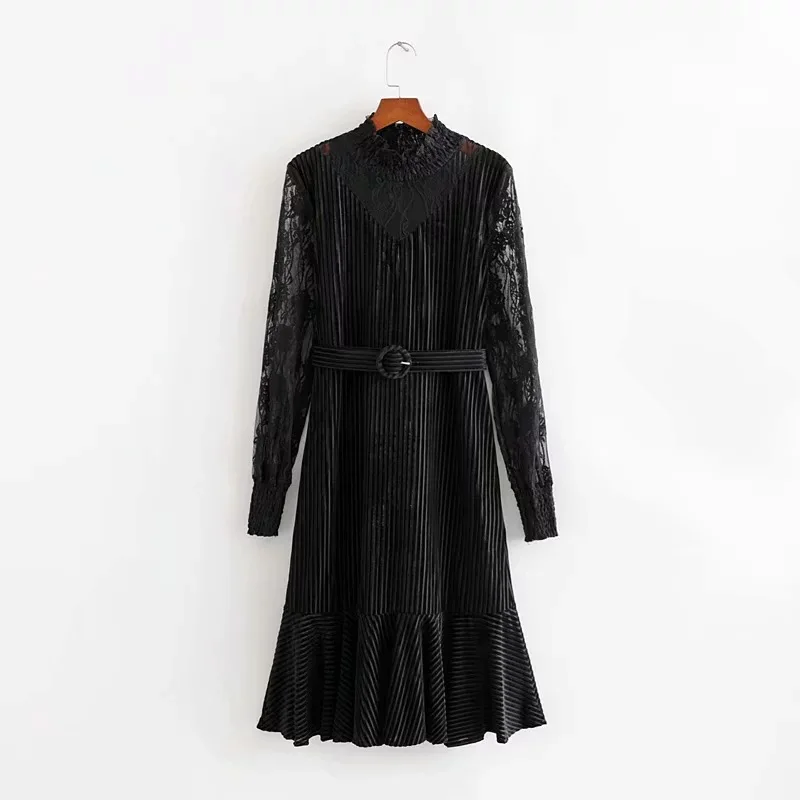

Czz-432 WOMEN'S Dress New Products Sexy Lace Joint with Belt Velvet Dress