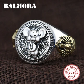 

BALMORA 100% Pure 925 Sterling Silver Animal Ring For Men Women Zodiac Mouse Ring Open Adjustable Ring Handmade Jewelry Gift