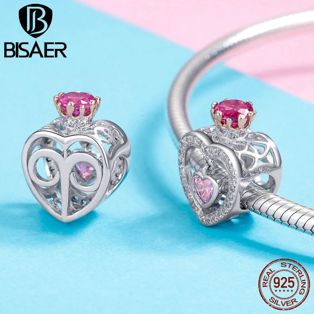 

BISAER 100%Real Authentic 925 Sterling Silver Litter Red Heart In Heart Shape Pendant For Bracelet&Necklace Jewelry Gift HSC1115