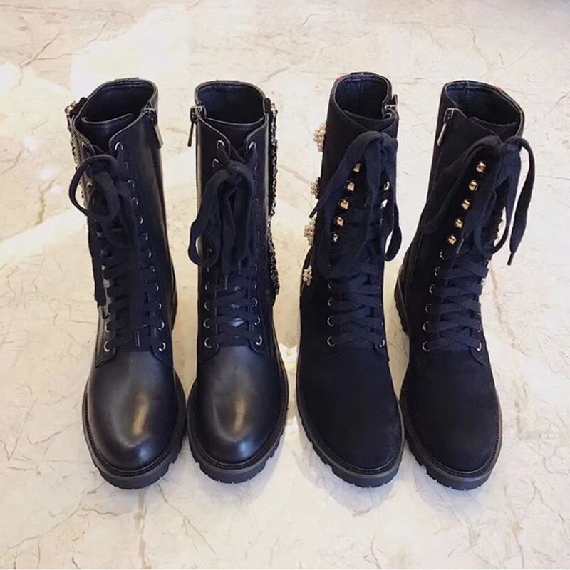 Г. Черные ботильоны для женщин из натуральной кожи на плоской подошве со стразами, удобная зимняя обувь на плоской подошве мотоциклетные ботинки