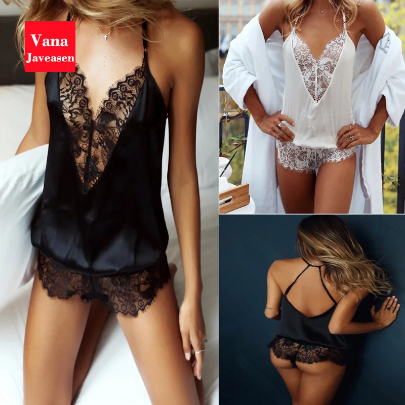 

Vana Javeasen Women's Sleepwear Sexy Hollow Out V-Neck Pajama Lace Thin Female Pajamas Spaghetti Strap Woman Pajamas Gecelik