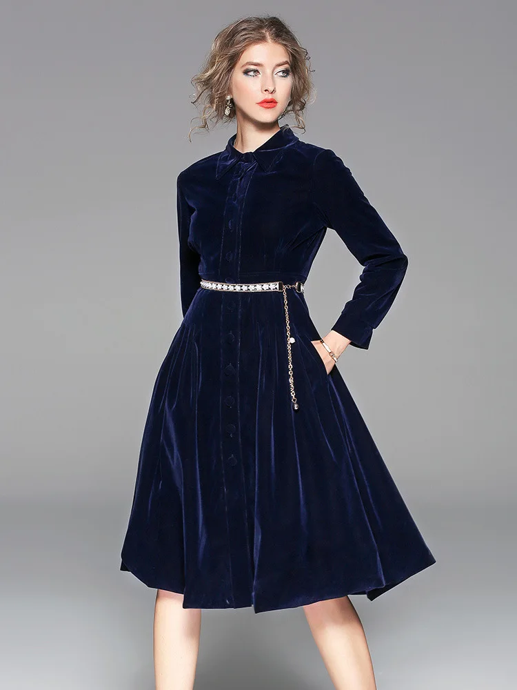 

Thick Velvet Blue Large Dress With Belt Temperament Long-sleeved Elegant Party A-Line Designer High Quality Runway Dress Fashion