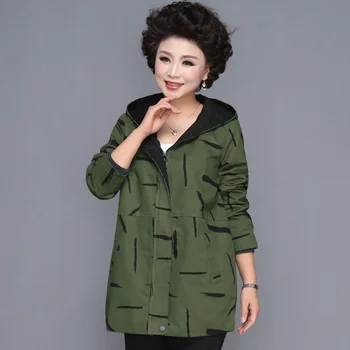 

Spring Autumn Middle Age Women Casual Hooded Windbreaker Coat Feather Print Plus Size 4XL Mother Coat