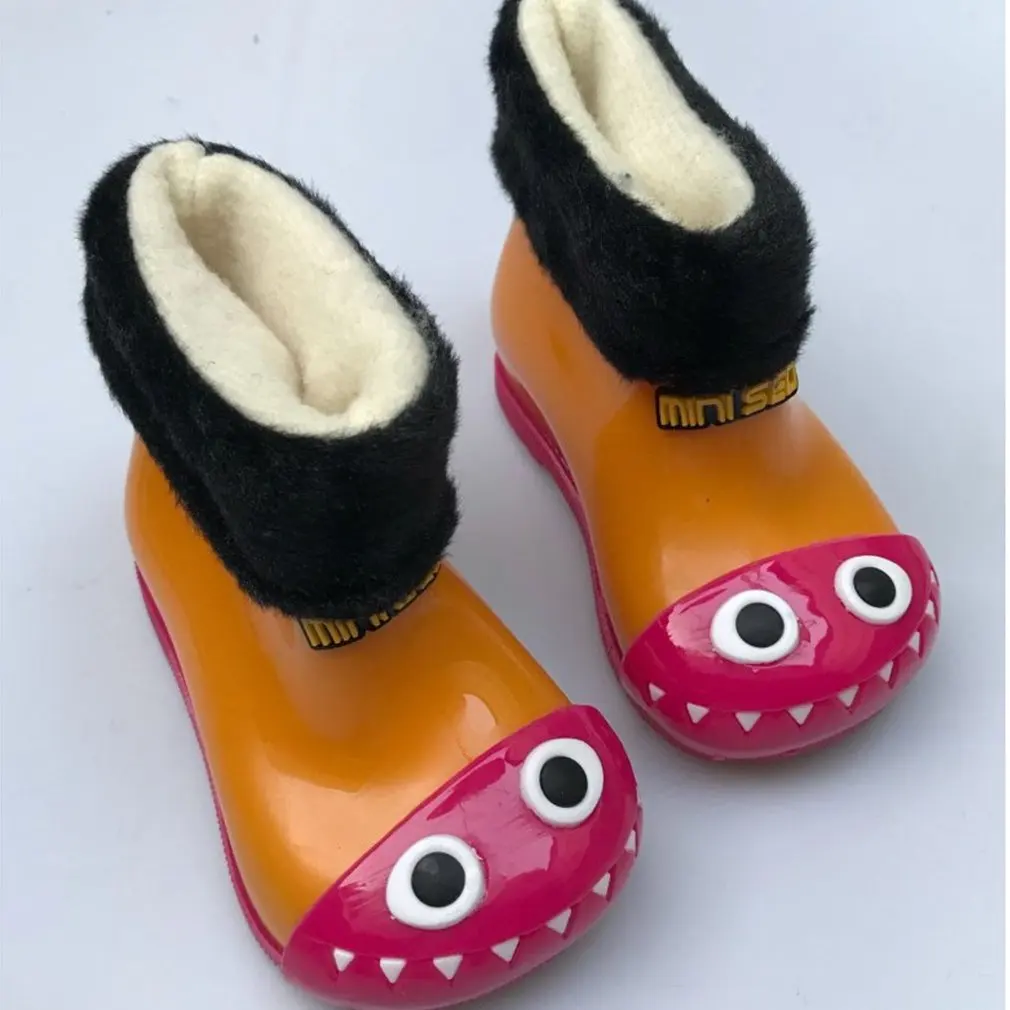 

Waterproof Kid's Rain Shoes Lovely Jelly Rain Boots with Shark Pattern Decor & Warm Rain Boots Inner Cover Unisex