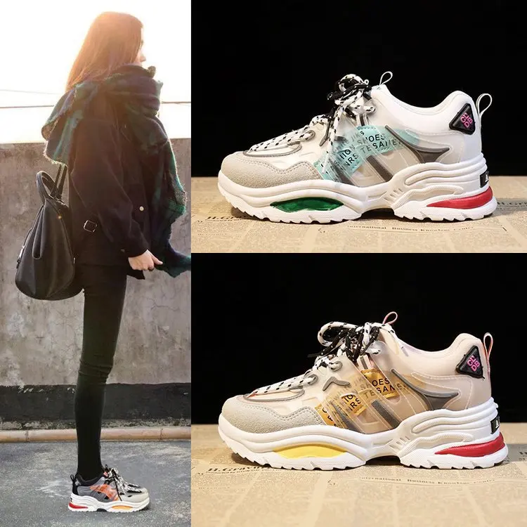 

Large Size WOMEN'S Shoes 2020 Spring And Autumn Versatile round-Toe Mixed Colors Athletic Shoes Women's Thick Bottomed Dad Shoes
