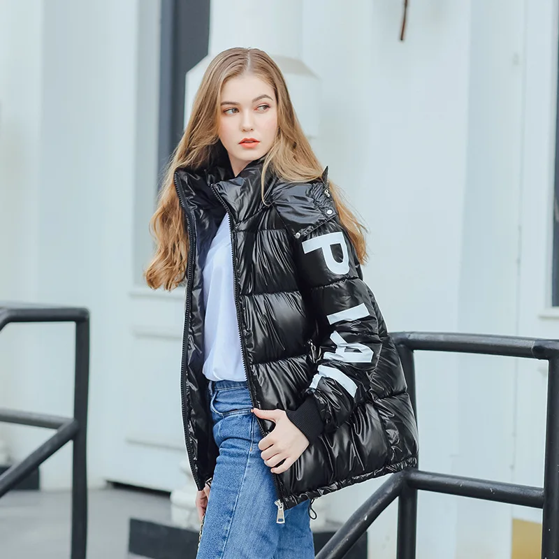 

2019 Women Winter Glossy Down Parka Fashion Hooded Waterproof Coat Plus Size Letter Print Loose Winter Warm Thicken Women Jacket