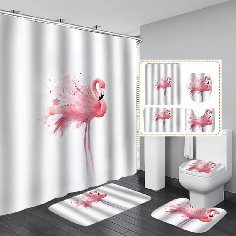 4pes suit Nordic Pictures Polyester Flamingo Waterproof Bathroom Shower Curtain Toilet Cover Bath Mat Non-Slip Rug Set with 12 pcs Hooks - Цвет: 4pes suit