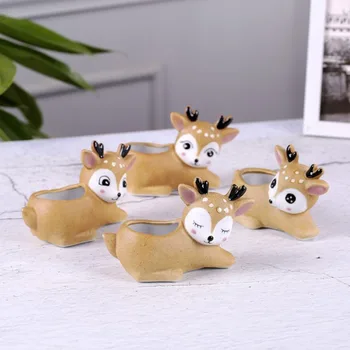 

2pcs/set Cute Deer Plant Pot Bonsai Pot Planter Ceramic Crafts Office Desktop Ornaments Household Garden Balcony Decor