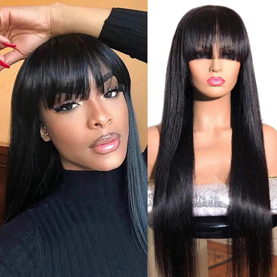 32inch Long Straight Human Hair Wigs With Bangs Brazilian Wigs With