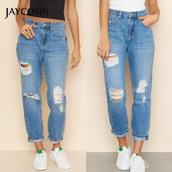 

JAYCOSIN Jeans Women High Waist Hole Trousers Pocket Button Zipper Denim Slim Fit Pants Ripped Fashion Cowboy Vaqueros Mujer New