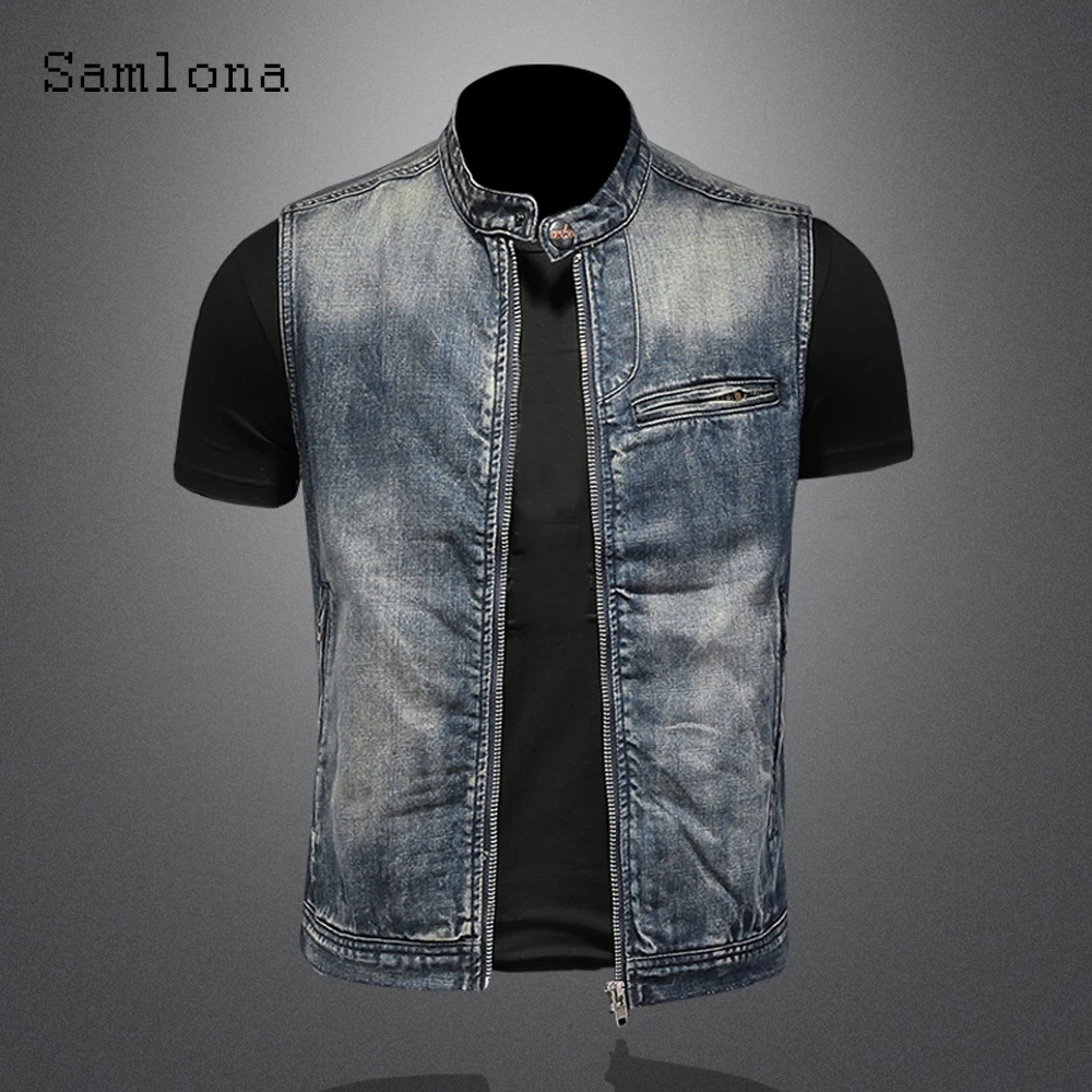 Samlona Mens Fashion Leisure Demin Vest Spliced Retro Jean Outerwear 2022 European and American style Autumn Zip up Deim Jackets