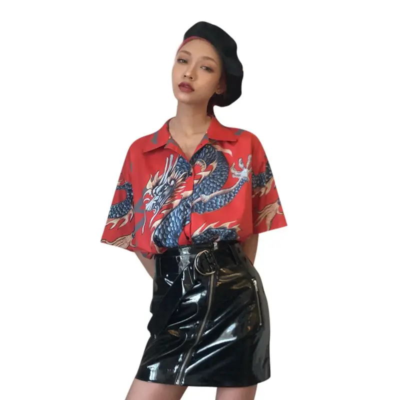 red Летняя женская блузка хараджуку Femme топы и блузки рубашки с коротким рукавом с принтом дракона женская уличная одежда Лидер продаж - Цвет: red