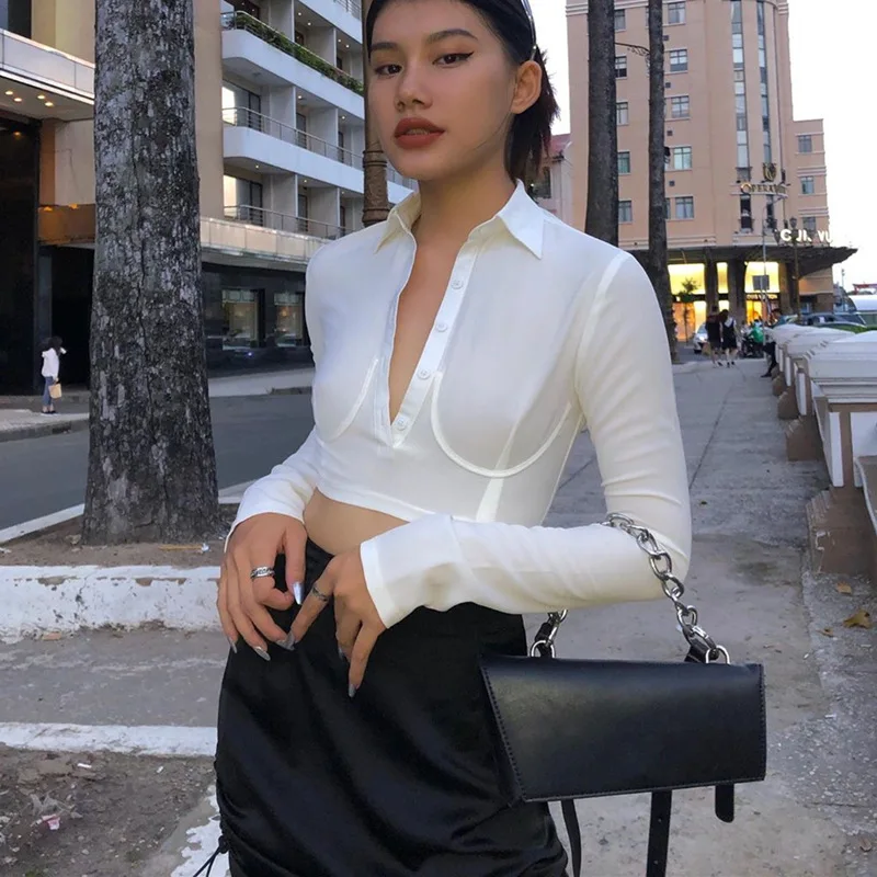 Женский модный осенний белый укороченный топ футболка с отложным воротником и