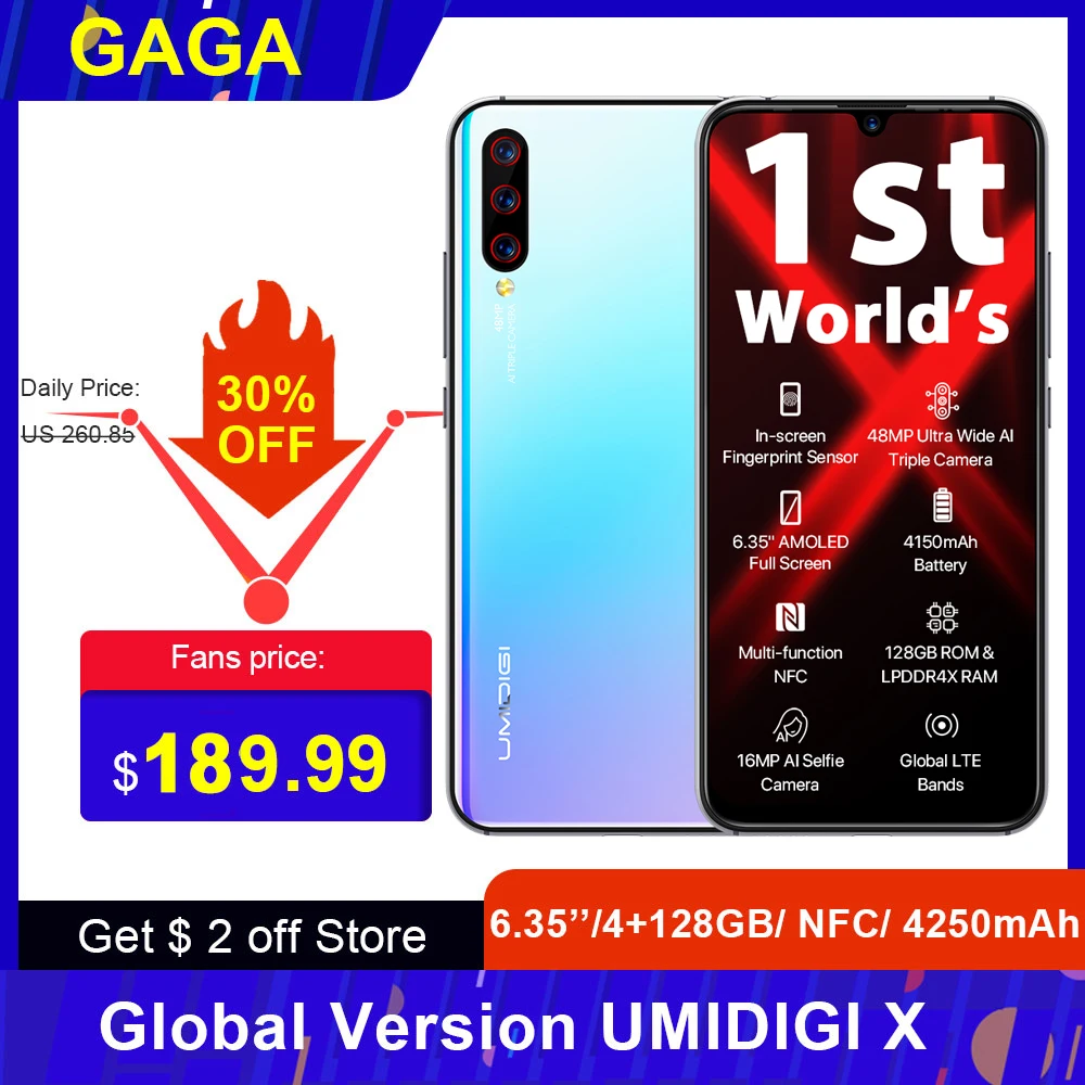 Глобальная версия UMIDIGI X 6 35 дюймов AMOLED 4G 128GB смартфон Android 9 0 Helio P60 48MP 4150mAh отпечаток