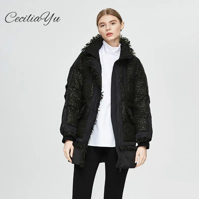 Ceciliayu, осенне-зимнее пуховое пальто с кисточками, длинное, с пайетками, из нейлона, свободное, со стоячим воротником, пуховик, женский, со стоячим воротником