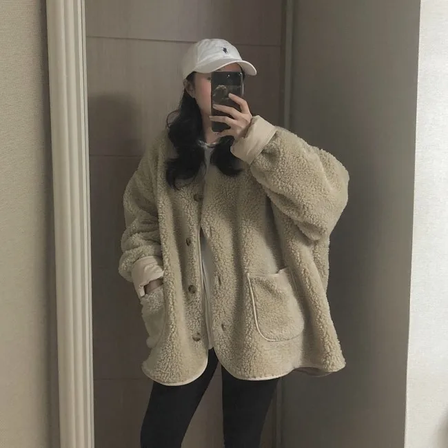 Autumn Women Jacket Long Sleeve Single Breasted Pocket Warm Loose Streetwear Winter Chaqueta Mujer Casual Kurtka Damska