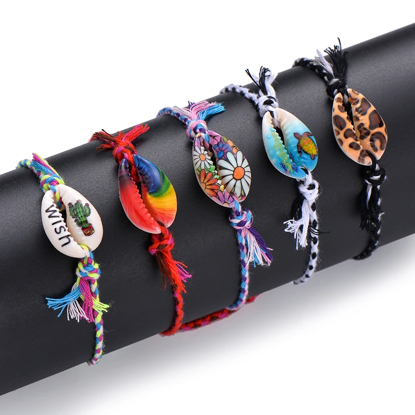 Pipitree Sea Shell Charm Bracelet Handmade Bohemian Print Rope Braided Bracelets for Women Men Kids Boho Beach Jewelry Gift