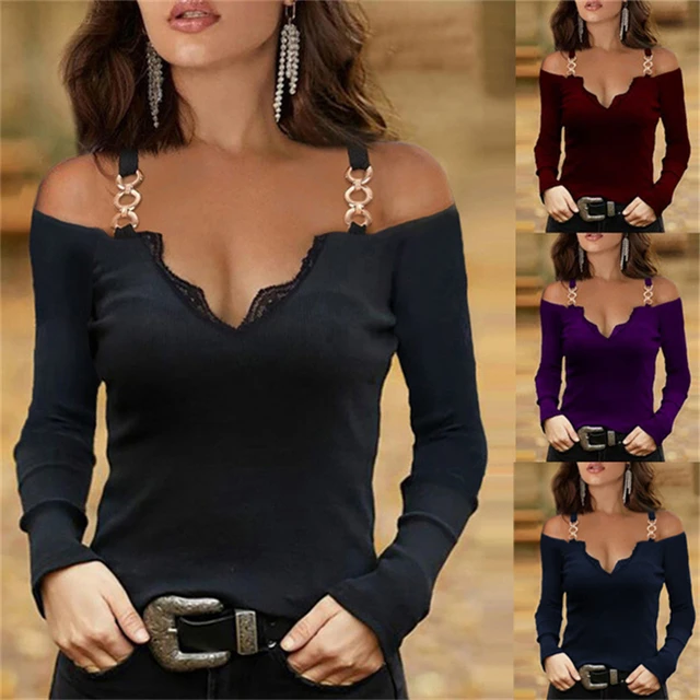 Female Autumn Clothing Off Shoulder Chain Halter Y2k Tops Casual Lace  Patchwork Tees V Neck Vintage