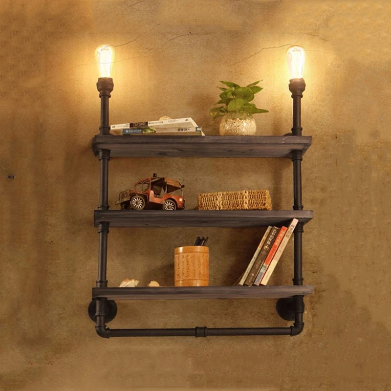 

3 layer bookshelf wall light steam punk industrial light Loft iron wood wall sconce for restaurant bedroom aisle cafe light