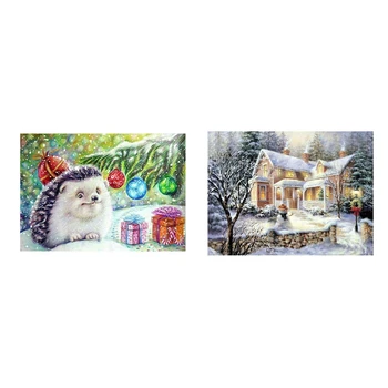 

2 Set 5D Diamond Painting Cross Stitch Kits Christmas-Hedgehog Ball Christmas Tree & Christmas Snowman Cozy House