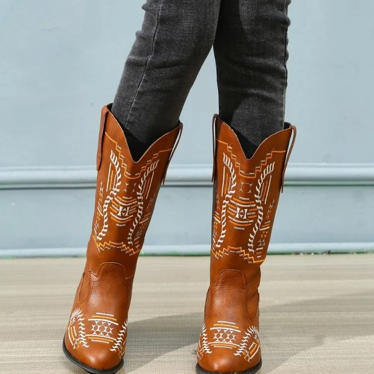 Botas de cuero auténtico para Mujer, botines gruesos de diseñador de marca, Botas  vaqueras bordadas, zapatos informales, Retro, Cossack|Botas a media  pantorrilla| - AliExpress