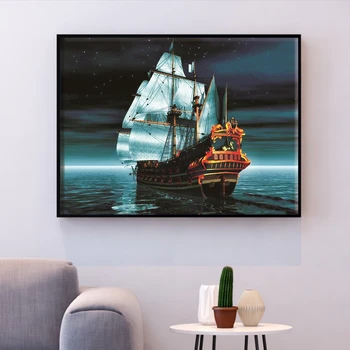 

HUACAN Cross Stitch Sea Needlework Sets For Full Embroidery Kits Sailboat White Canvas 14CT DIY Home Decor 40x50cm