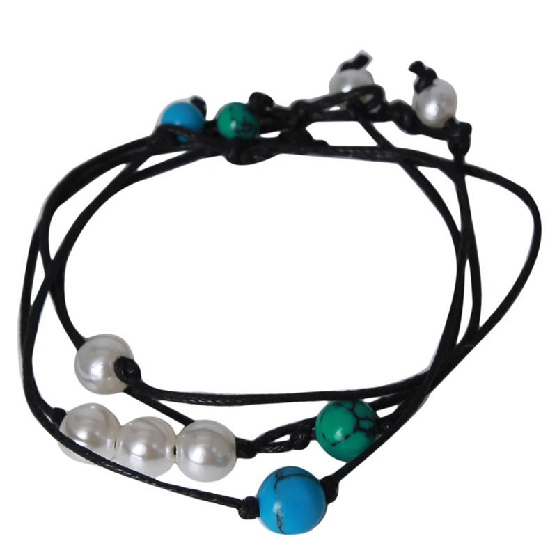 as picture shown 4pc/set Natural Simple Style Blue Green Stone White Moonstone hand-woven Pu Leather Rope Anklet Bracelet Jewelry Gifts Hot Sale - Окраска металла: as picture shown