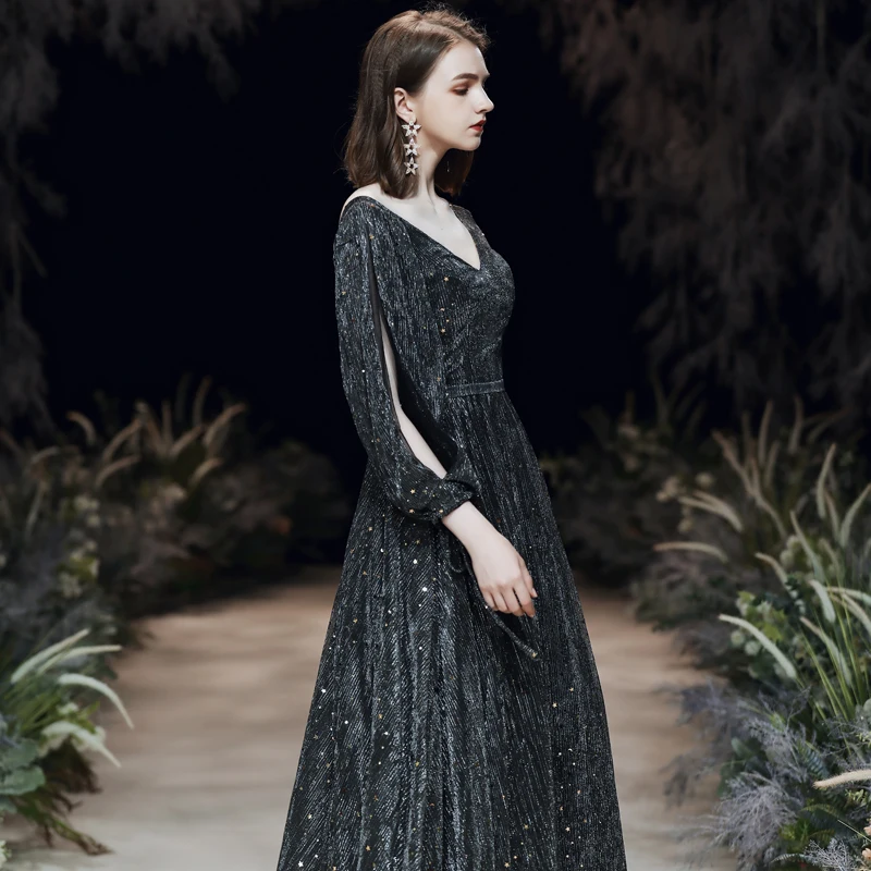 Черные вечерние платья Robe De Soiree с длинными рукавами тюль кружева пайетки вечерние платья трапециевидные Вечерние платья Abendkleider
