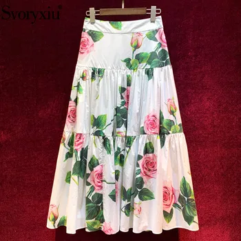

Svoryxiu Fashion Runway Custom Summer Rose Flower Print Cotton Skirt Women's Elegant High Waist Long Skirt Female New