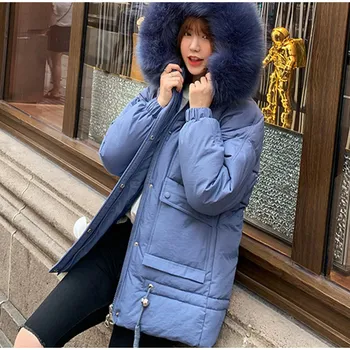 

Womens Parkas Casual Winter Coat Cotton-padded Warm Outwear Hooded Pockets Oversize Female Jackets Fashion Long Sleeve Parka