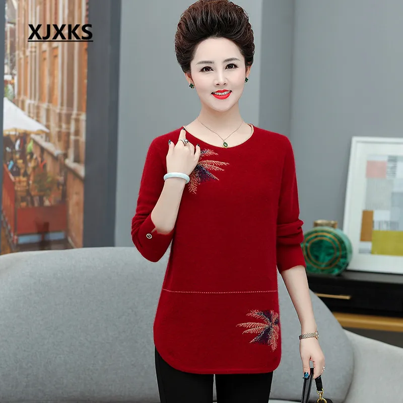 XJXKS autumn winter new women sweater loose plus size fashion printing mink cashmere knitted sweater women pullover - Цвет: Бургундия