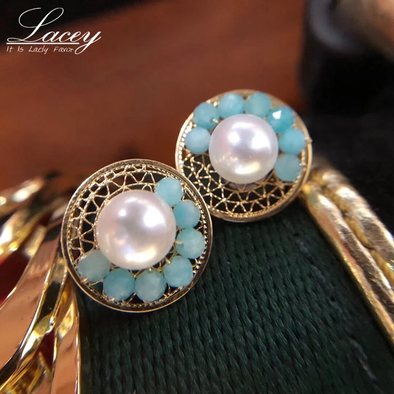 

Handmade Natural Fresh Water Baroque Pearl Amazonite Tianhe Stone Flower 925 Sterling Silver Stud Earring For Women Jewellery