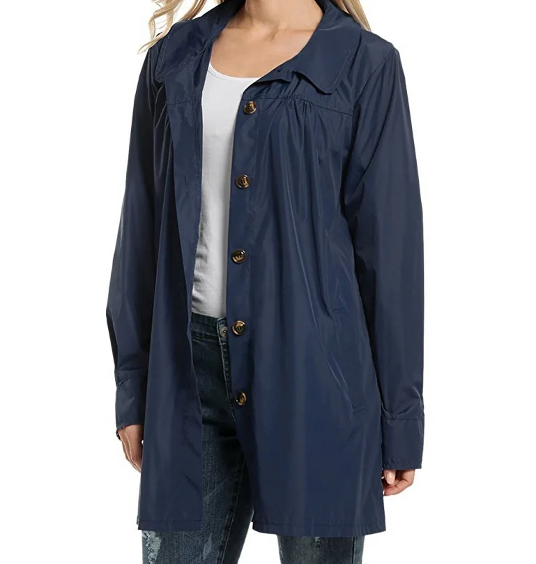 

Fall Women Long Sleeve Turn-Down Rain Coat Collar Long Waterproof Trench Button Lightweight Casual Plus Size Trench